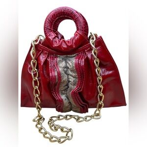 Claudia Roldani Italian Red Leather Ruffle Front Handbag‎ with gold Chain Strap.